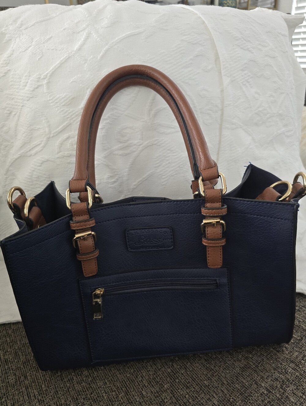 Bass And Co Navy and Tan Double-Handle Satchel Bag
